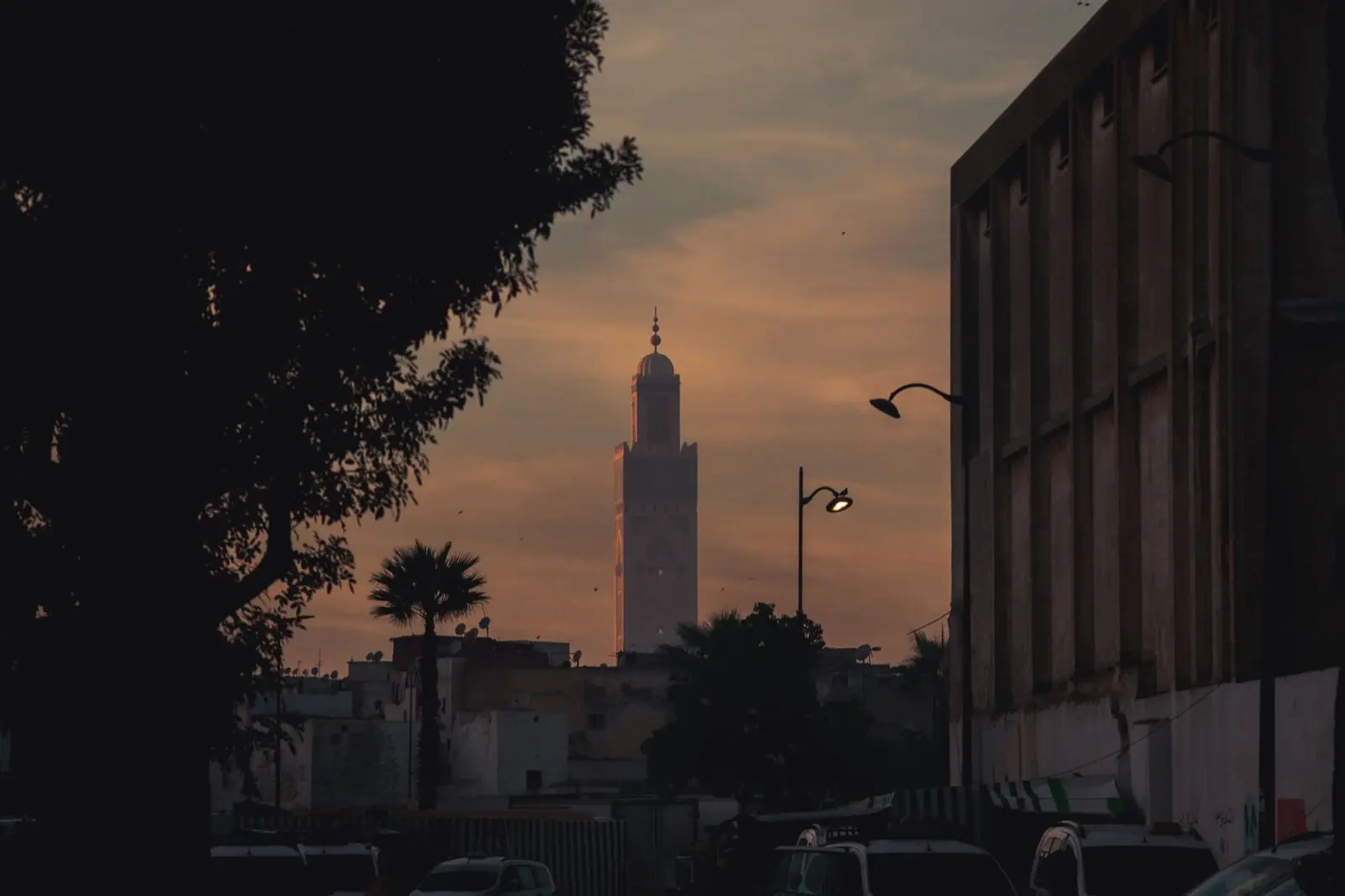 A minaret lit at dusk between buildings and a palm tree