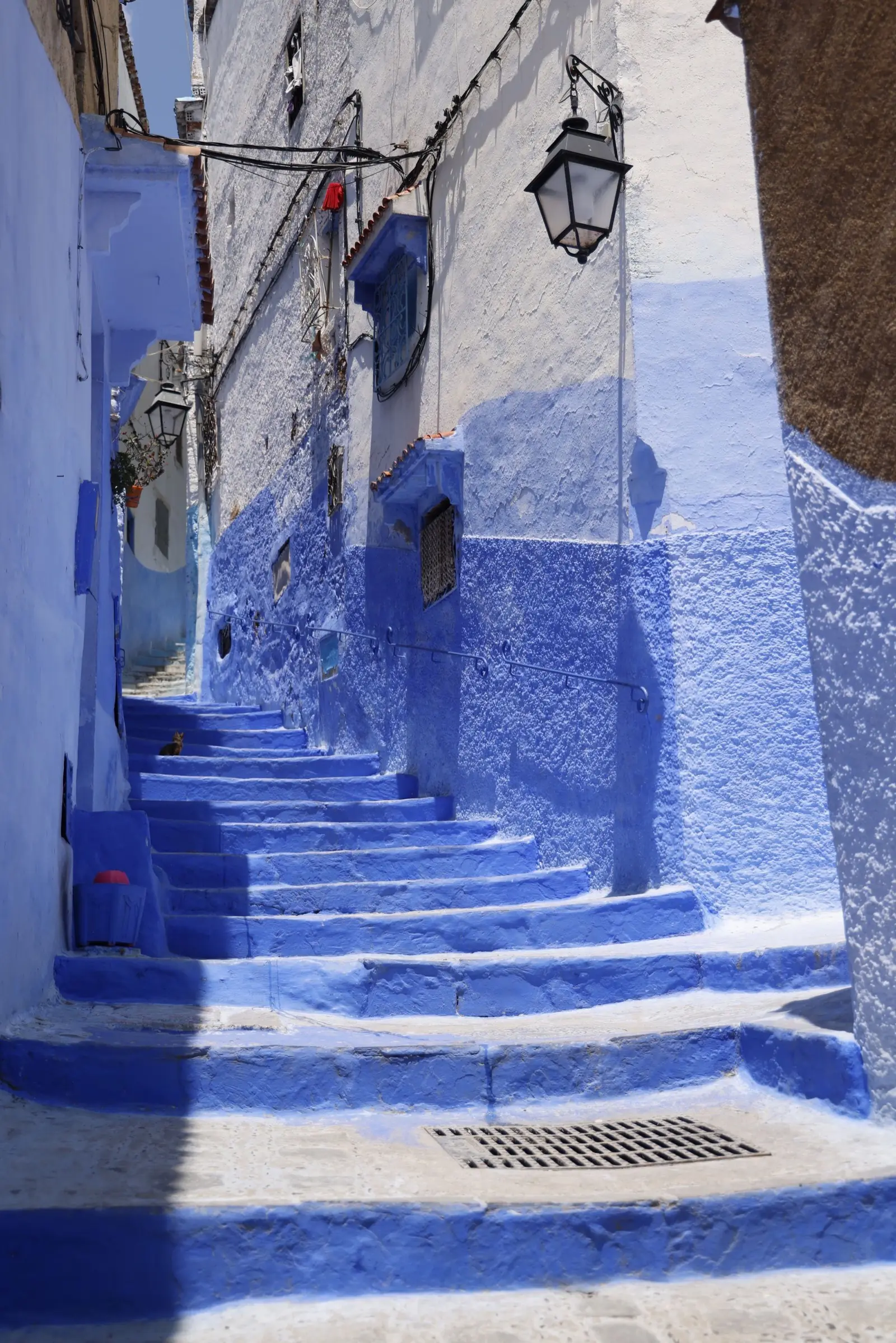 Blue painted stairs in a narrow lane, with wires running along the wall